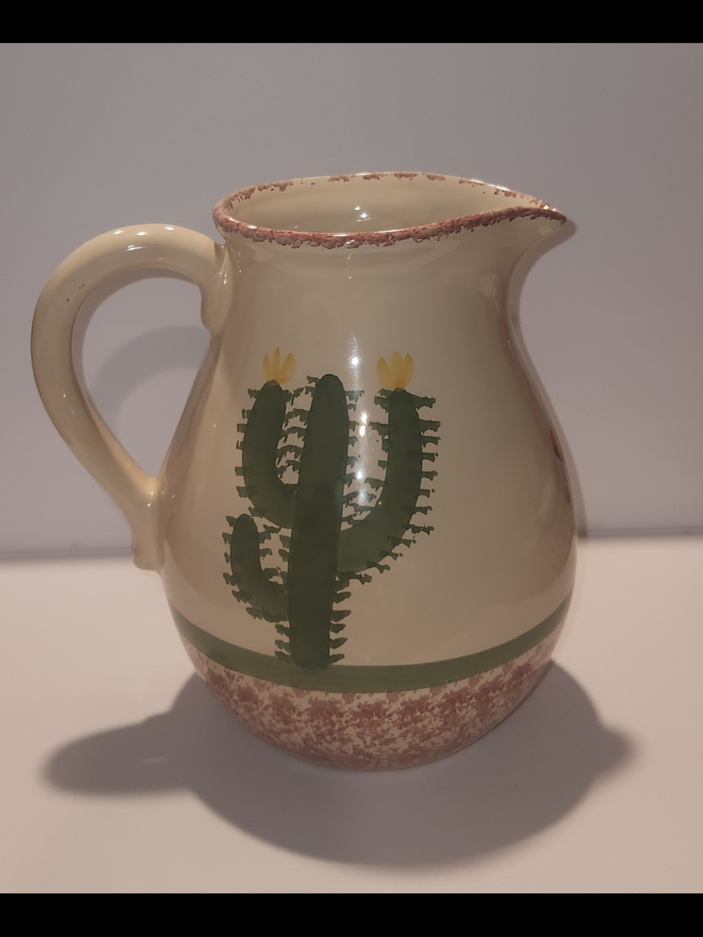 Cream Ceramic Pitcher with Green Cactus Illustration